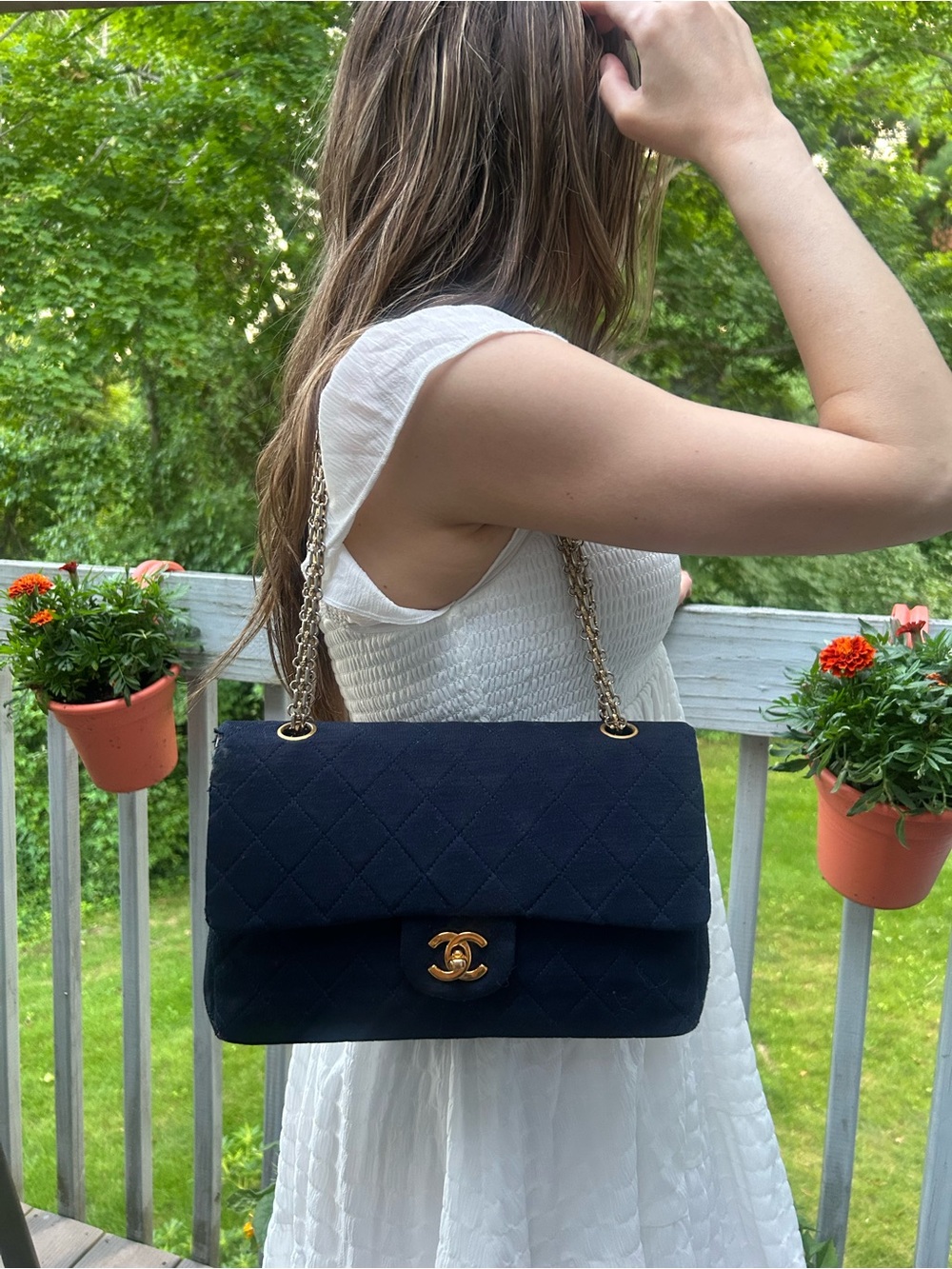 CHANEL Vintage Medium Classic Double Flap Jersey Quilted Handbag Navy / 24K Gold